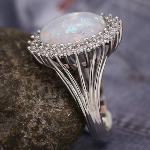 NEW HUGE OPAL DIAMOND HALO STERLING SILVER RING - Picture 3 of 5